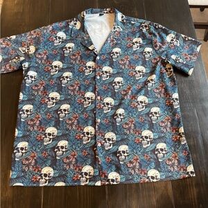 SHEIN Blue Skull & Floral Short Sleeve Button-Up Shirt